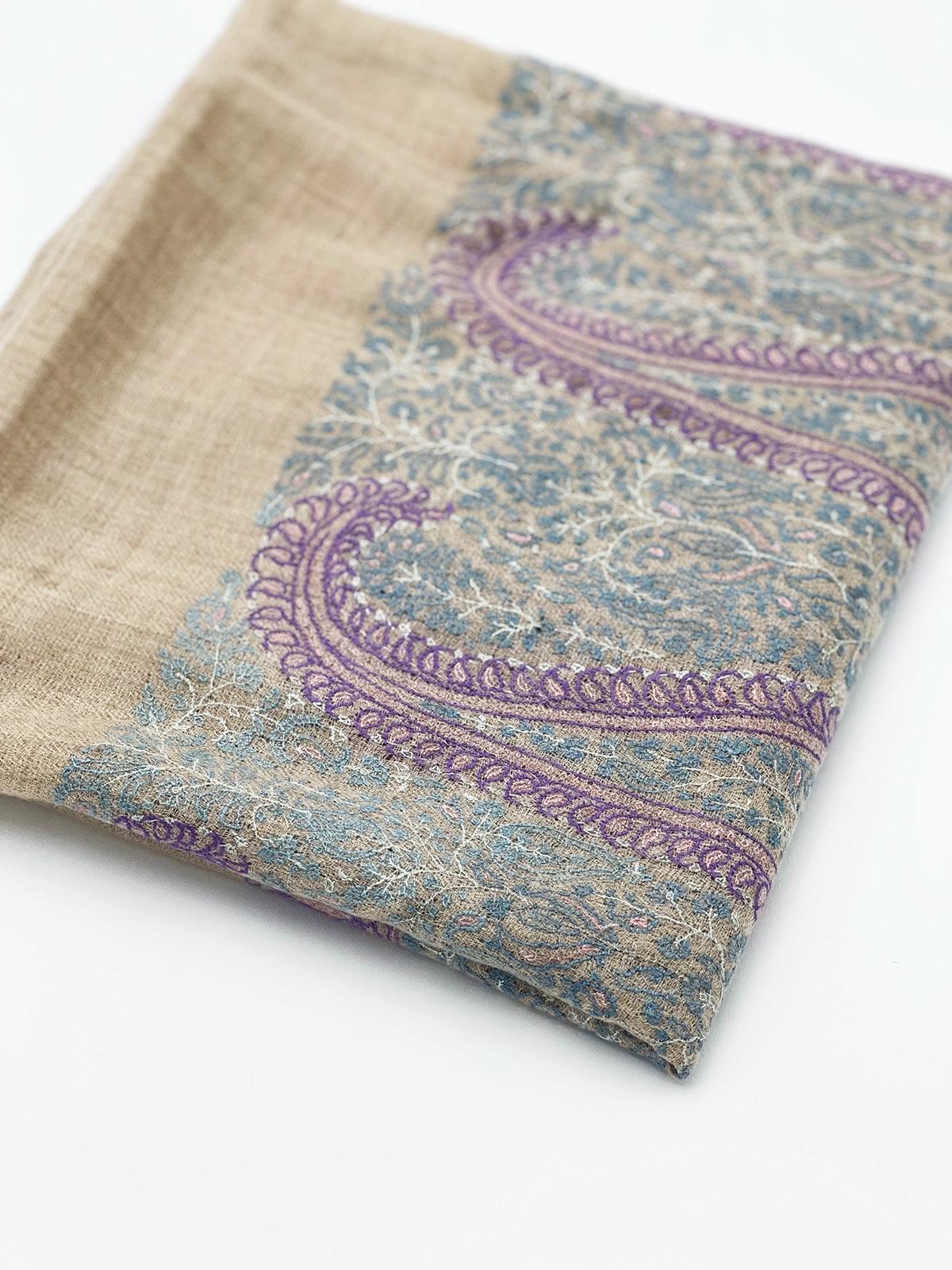 Handwoven 100% Pashmina SHAWL - LIGHT BROWN WITH PURPLE EMBROIDERY - Transcend