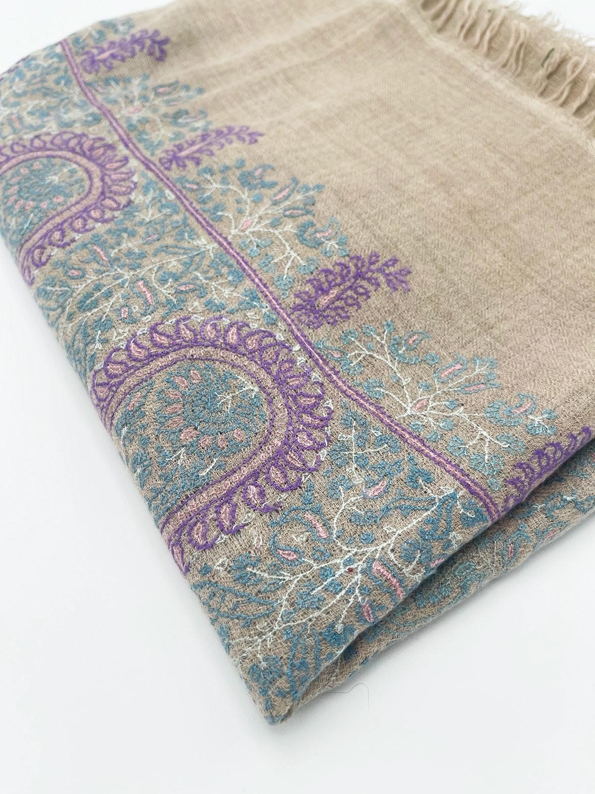 Handwoven 100% Pashmina SHAWL - LIGHT BROWN WITH PURPLE EMBROIDERY - Transcend