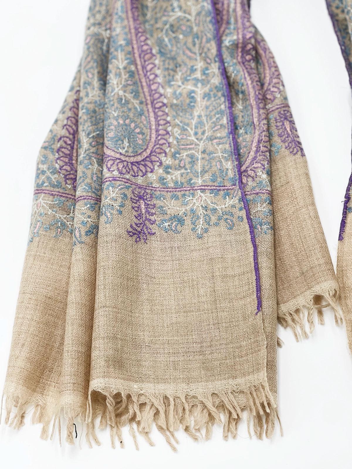 Handwoven 100% Pashmina SHAWL - LIGHT BROWN WITH PURPLE EMBROIDERY - Transcend