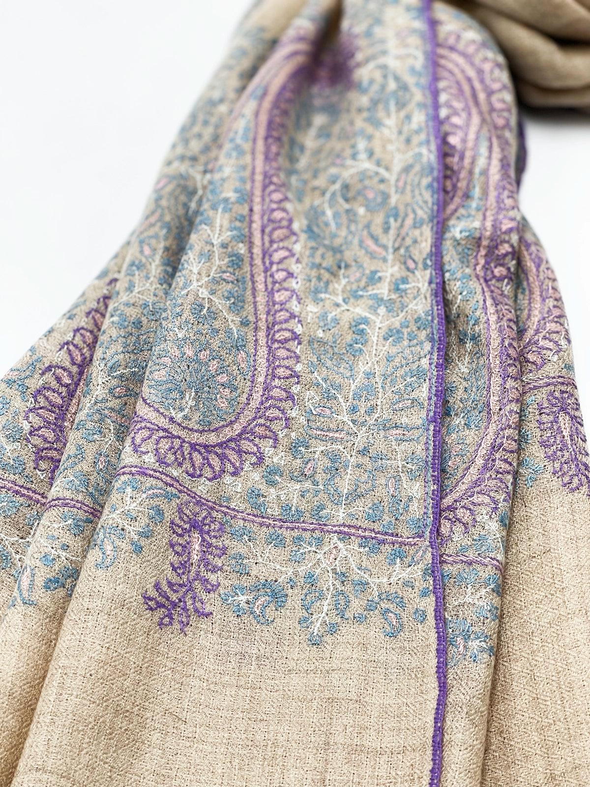 Handwoven 100% Pashmina SHAWL - LIGHT BROWN WITH PURPLE EMBROIDERY - Transcend