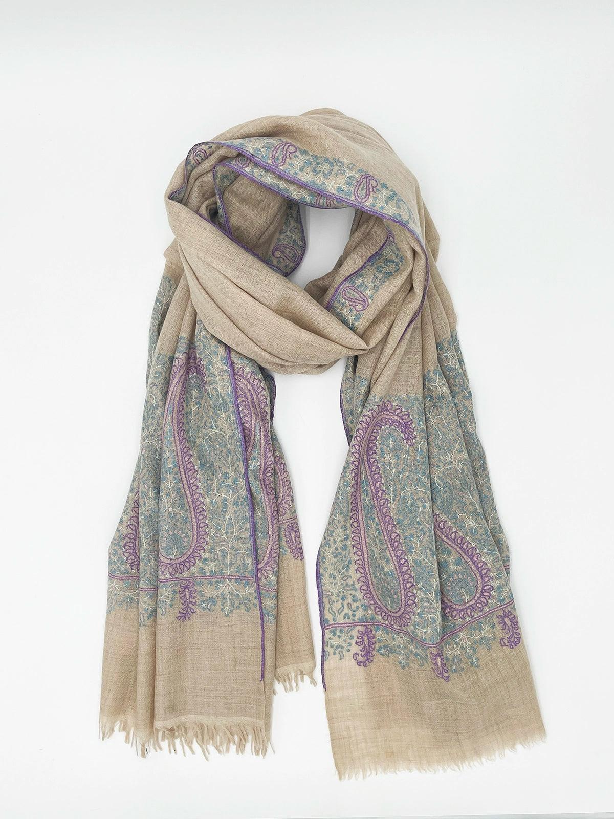 Handwoven 100% Pashmina SHAWL - LIGHT BROWN WITH PURPLE EMBROIDERY - Transcend