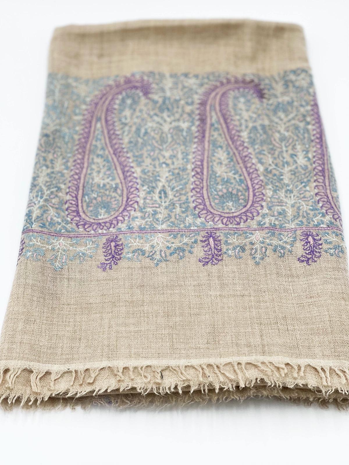 Handwoven 100% Pashmina SHAWL - LIGHT BROWN WITH PURPLE EMBROIDERY - Transcend