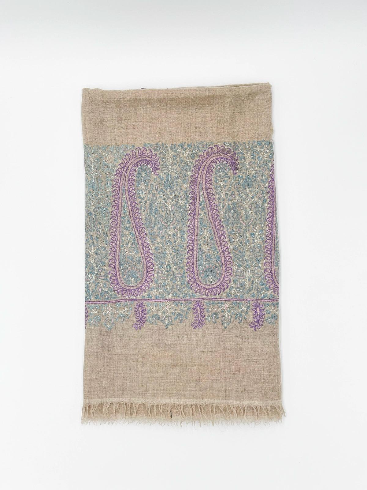 Handwoven 100% Pashmina SHAWL - LIGHT BROWN WITH PURPLE EMBROIDERY - Transcend