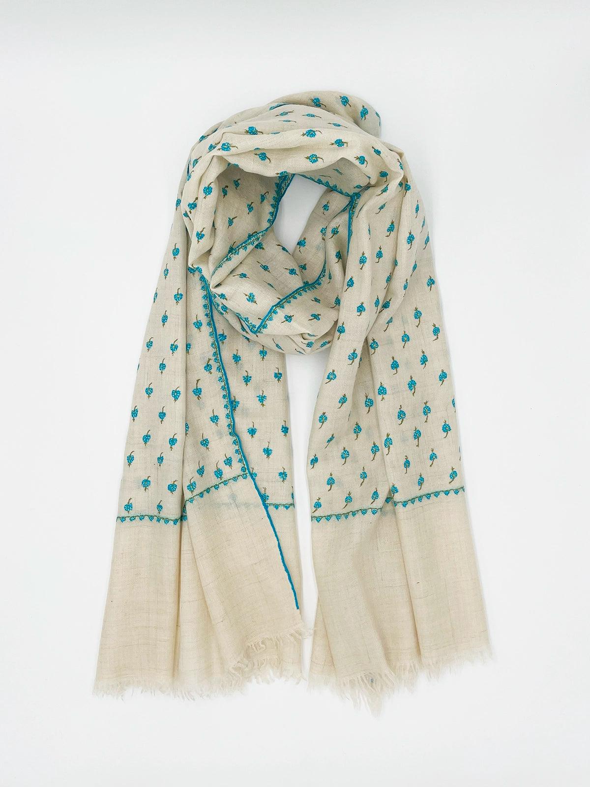 Handwoven 100% Pashmina - WHITE WITH TURQUOISE EMBROIDERY - Transcend