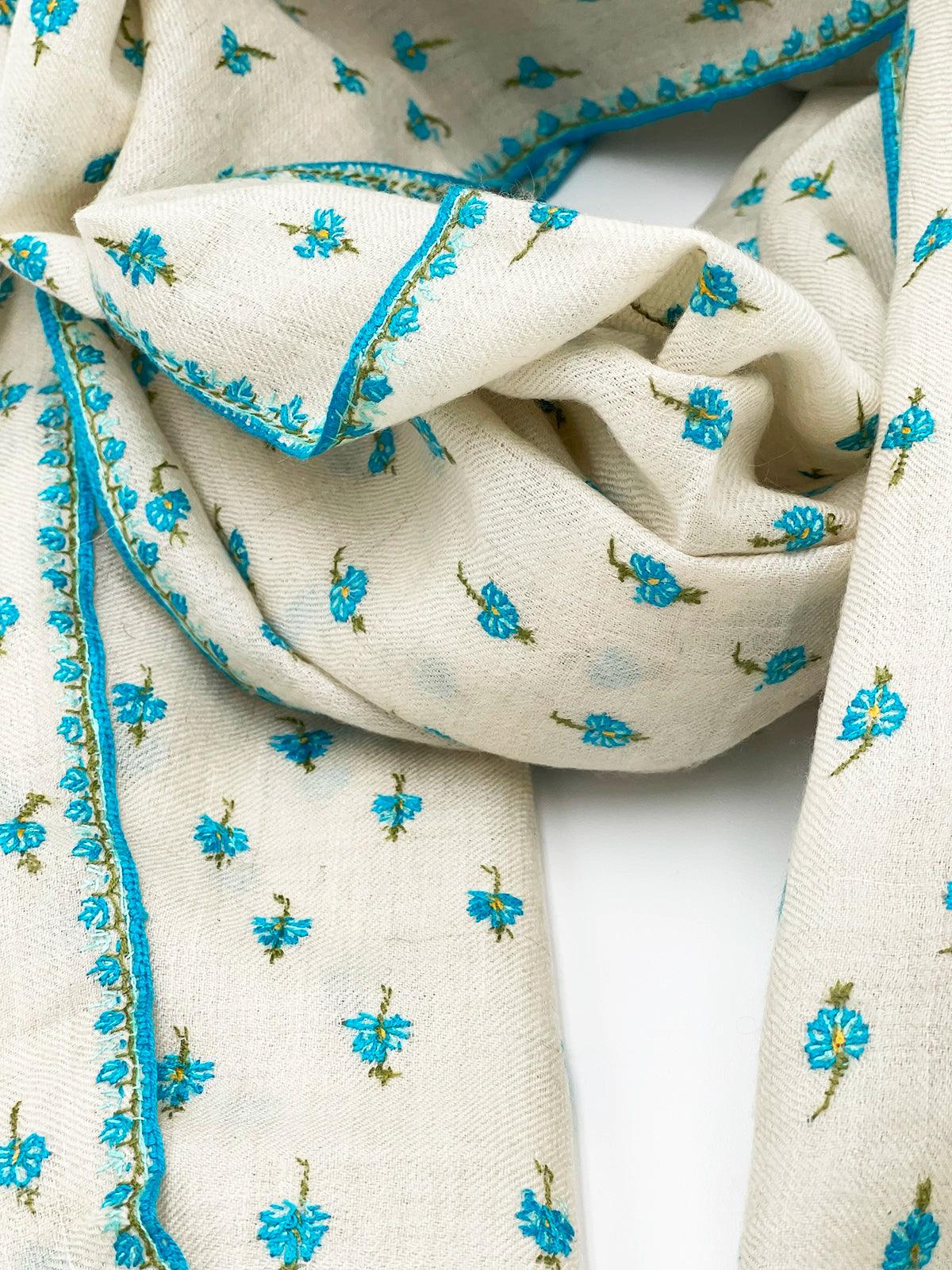 Handwoven 100% Pashmina - WHITE WITH TURQUOISE EMBROIDERY - Transcend