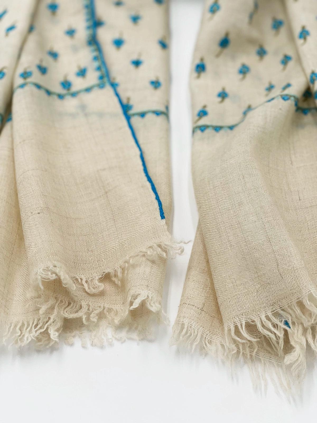 Handwoven 100% Pashmina - WHITE WITH TURQUOISE EMBROIDERY - Transcend