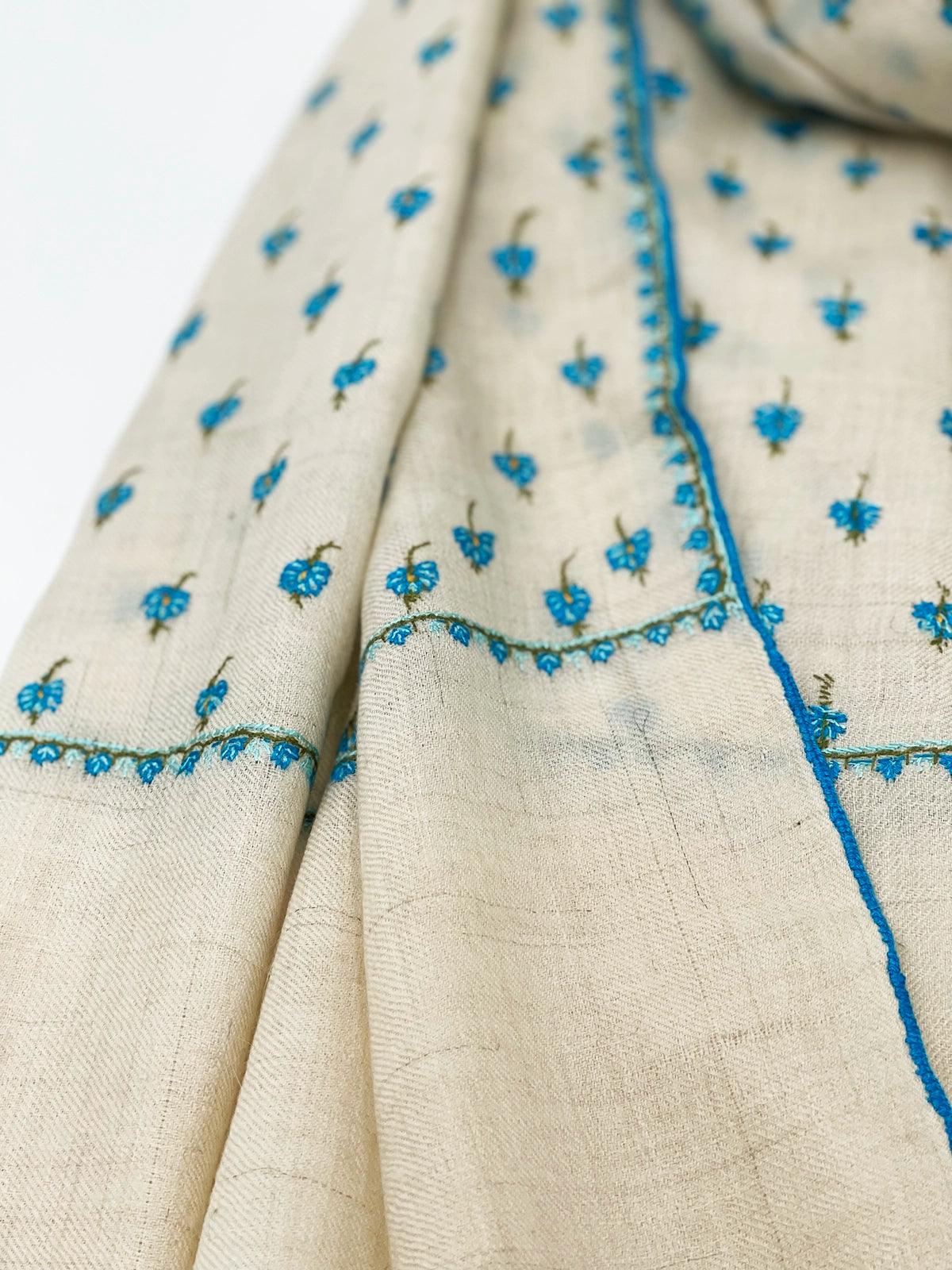 Handwoven 100% Pashmina - WHITE WITH TURQUOISE EMBROIDERY - Transcend