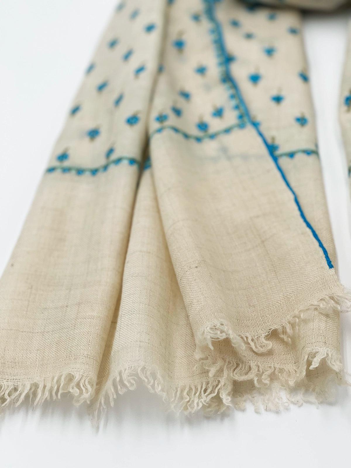 Handwoven 100% Pashmina - WHITE WITH TURQUOISE EMBROIDERY - Transcend