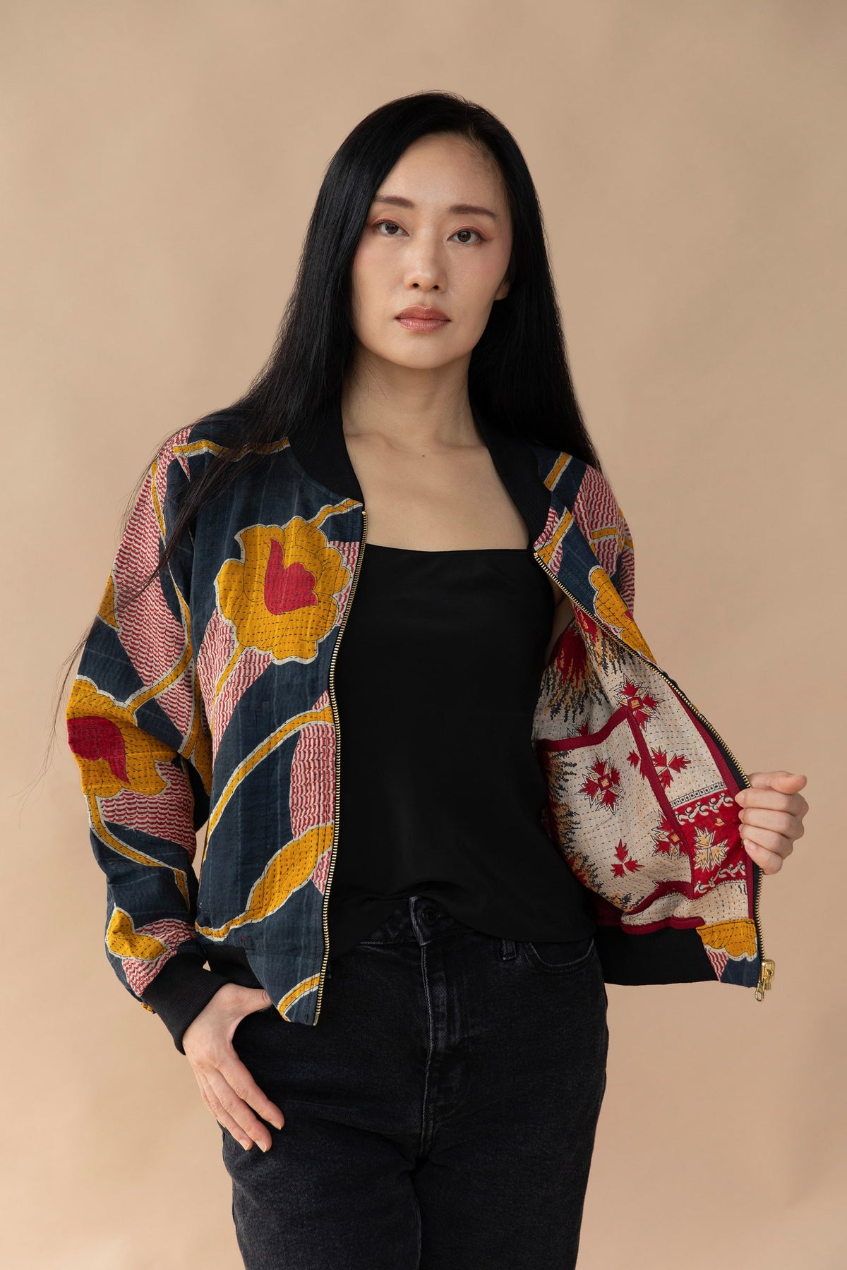 Kamila Reversible Kantha Bomber - M — reversible side, front