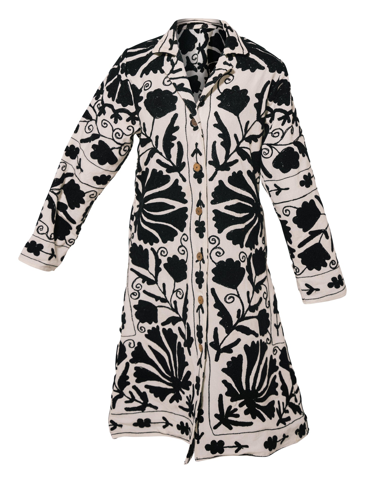 MALIKA COAT - Suzani Embroidery BLACK & WHITE - MEDIUM - Transcend