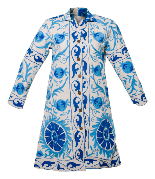 MALIKA COAT - Suzani Embroidery Blue on White LARGE - Transcend