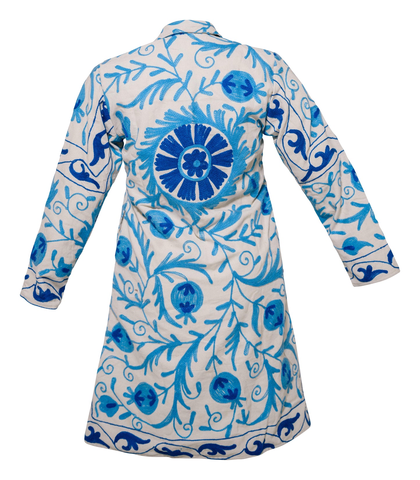 MALIKA COAT - Suzani Embroidery Blue on White LARGE - Transcend