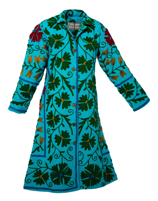 MALIKA COAT - Suzani Embroidery GREEN ON TURQ BLUE SMALL - Transcend