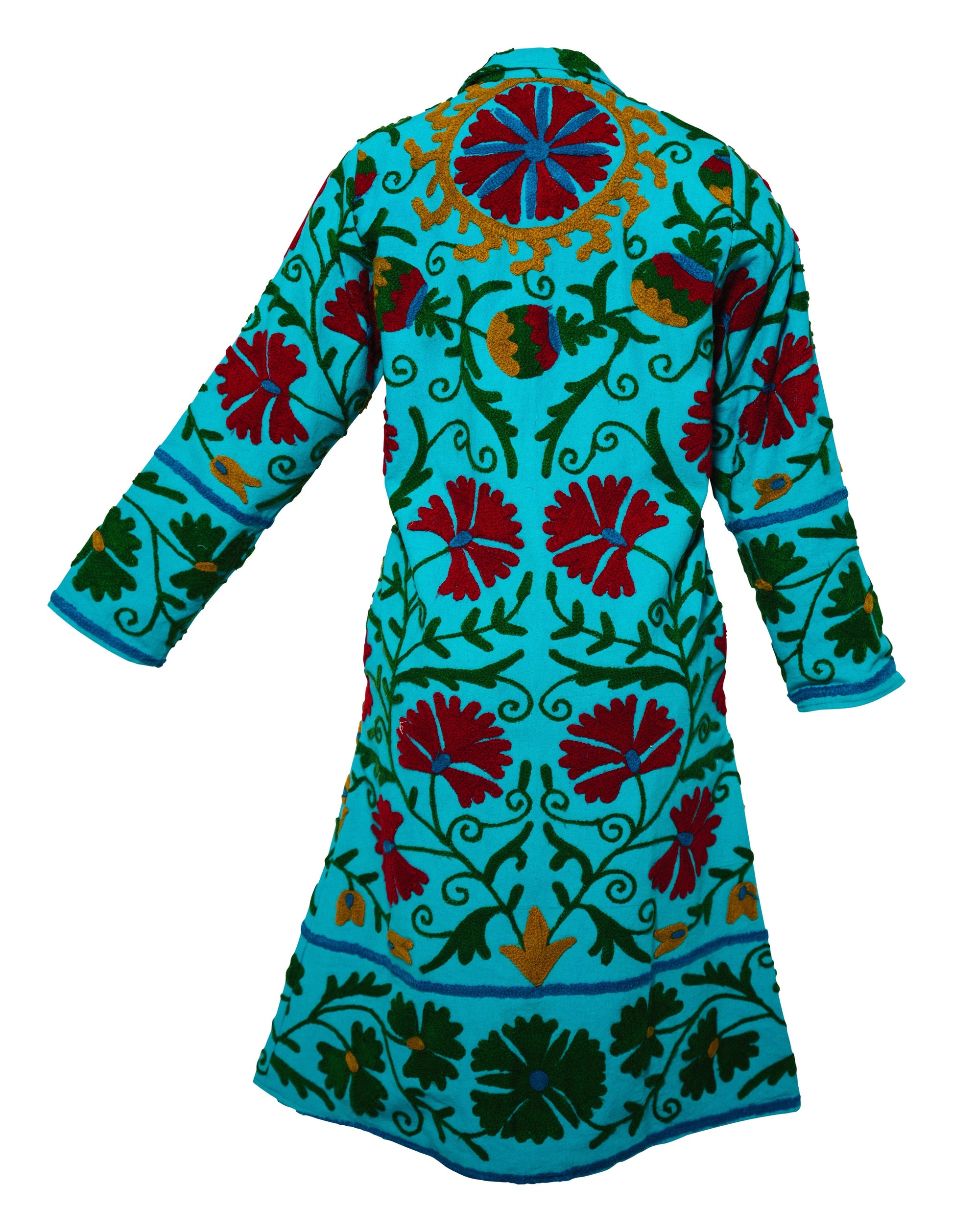 MALIKA COAT - Suzani Embroidery GREEN ON TURQ BLUE SMALL - Transcend