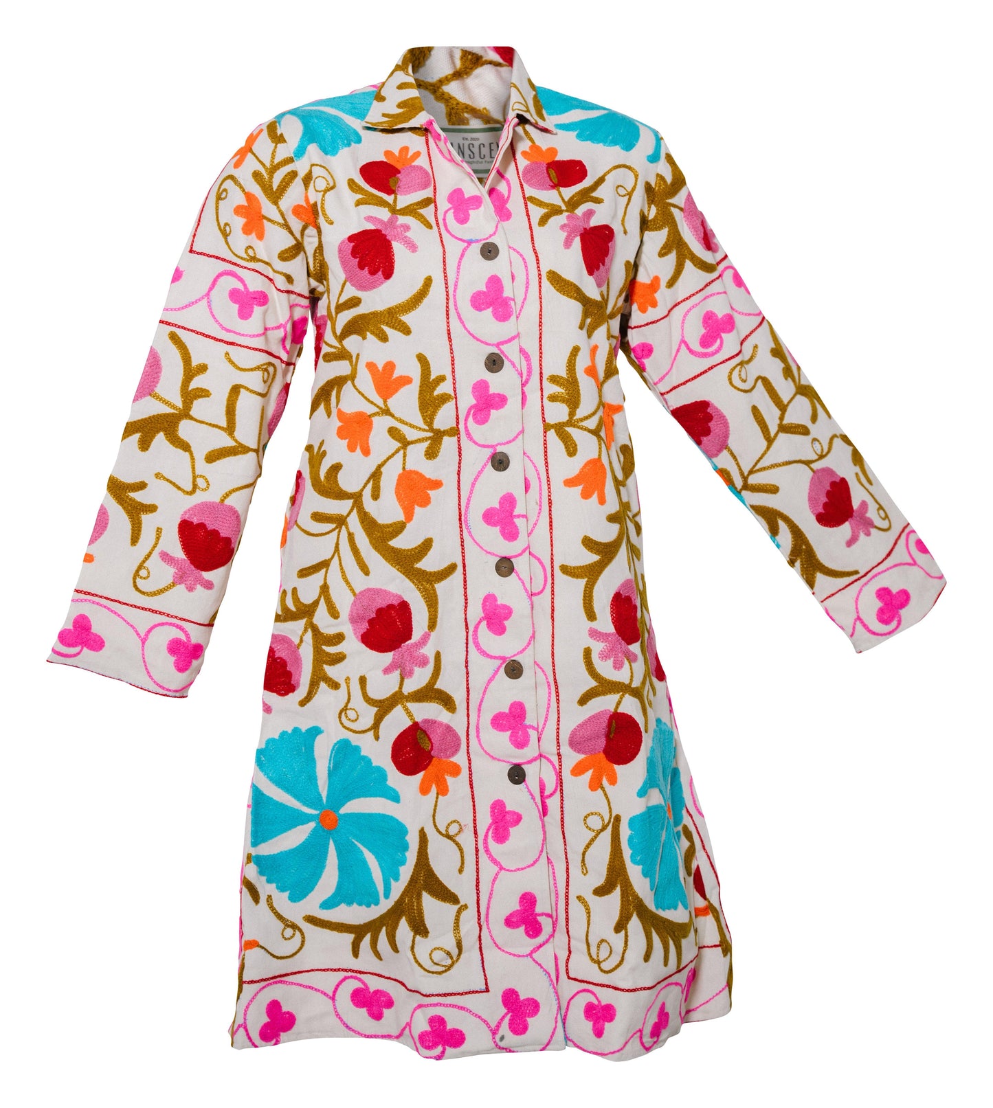 MALIKA COAT - Suzani Embroidery PINK & TURQ on White X-LARGE - Transcend