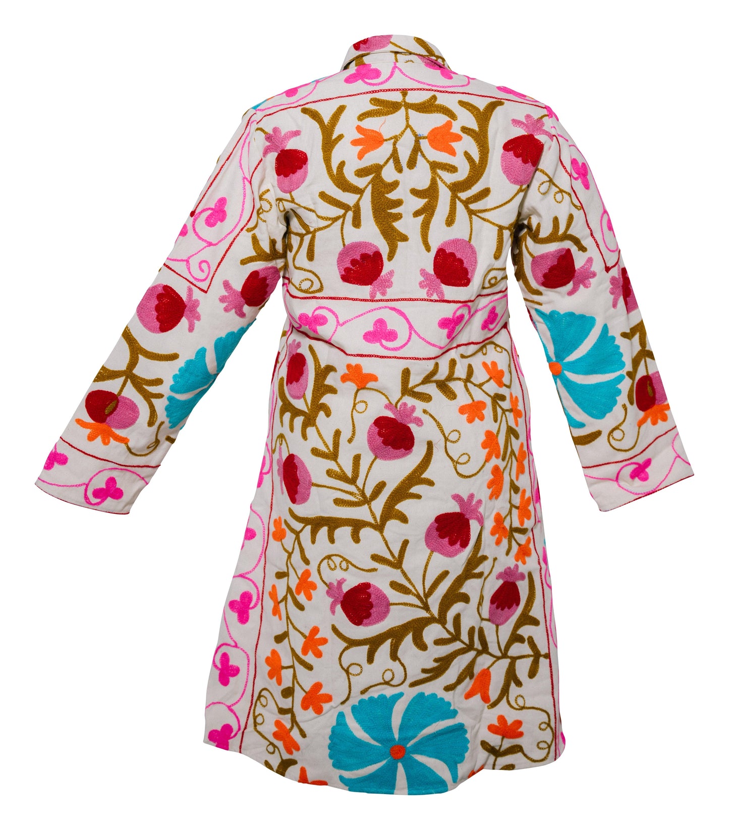 MALIKA COAT - Suzani Embroidery PINK & TURQ on White X-LARGE - Transcend