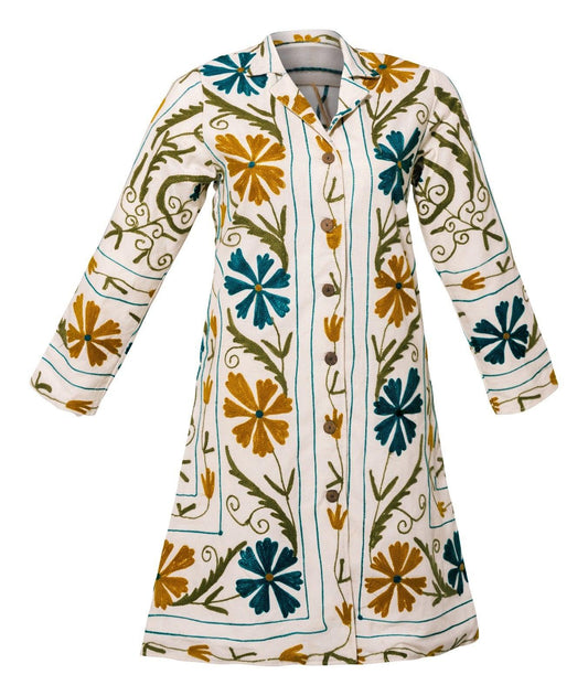 MALIKA COAT - Suzani Embroidery WHITE WITH MULTI COLOR EMB - MEDIUM - Transcend
