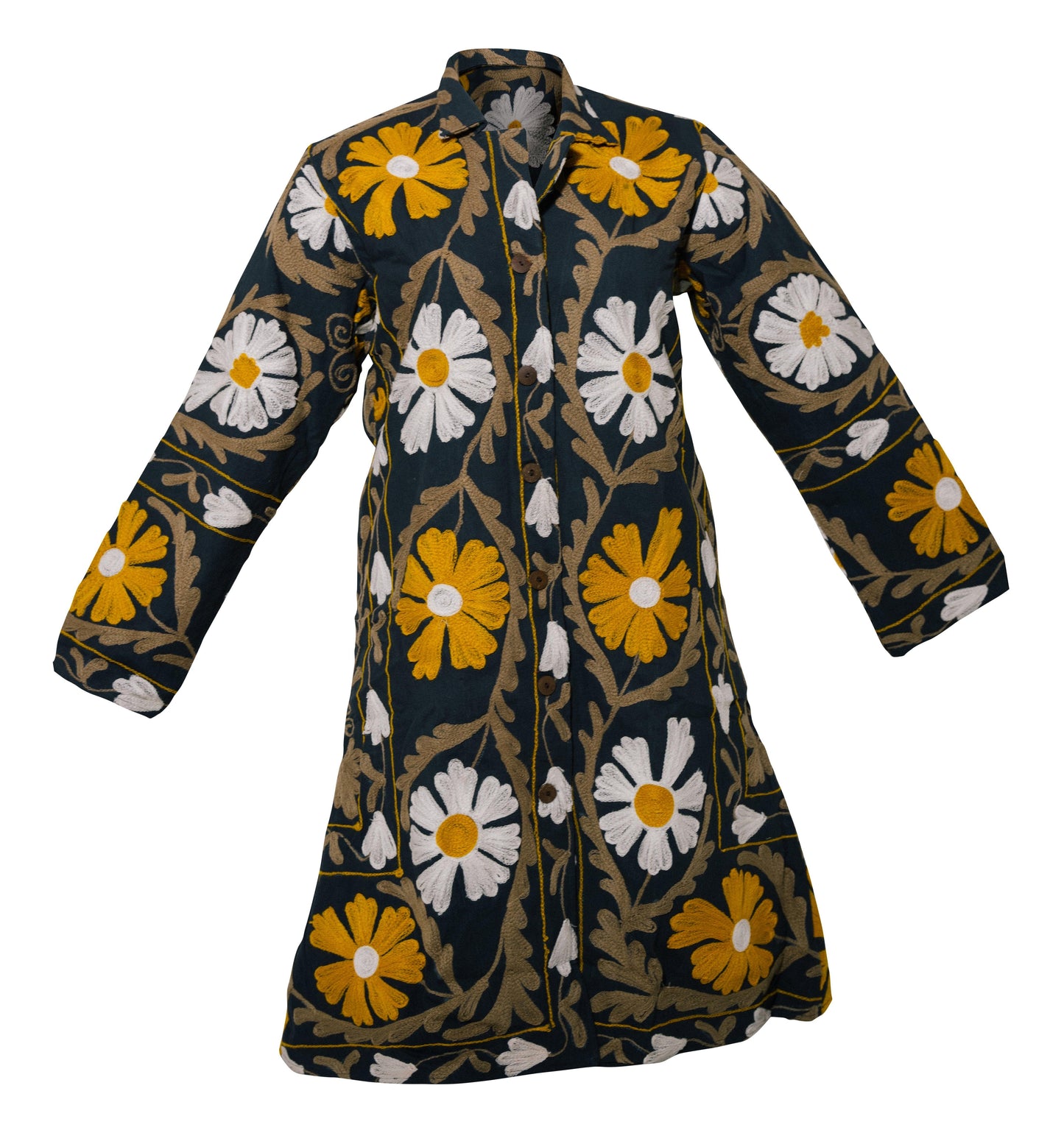 MALIKA COAT - Suzani Embroidery Yellow on Navy X-LARGE - Transcend