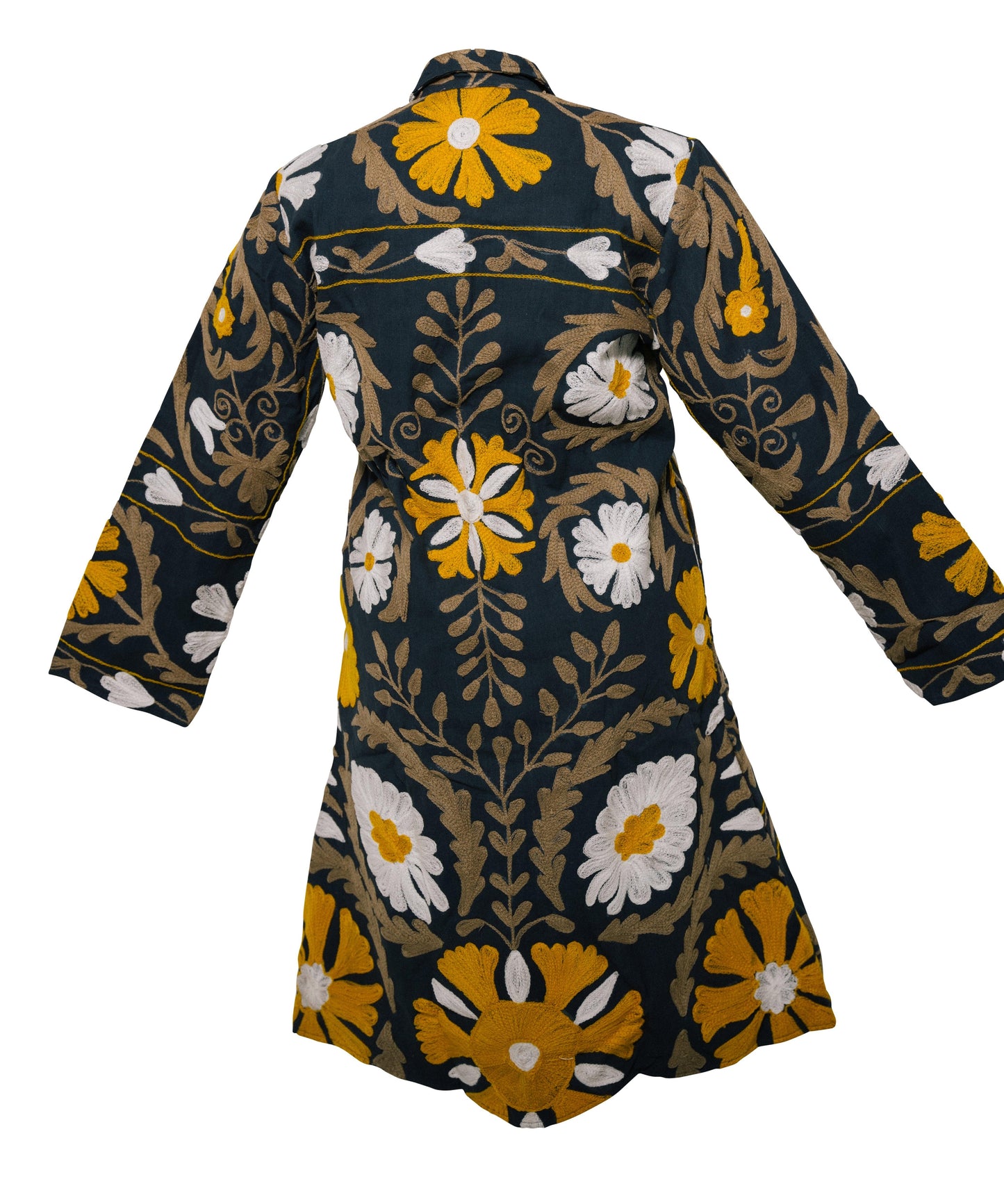 MALIKA COAT - Suzani Embroidery Yellow on Navy X-LARGE - Transcend