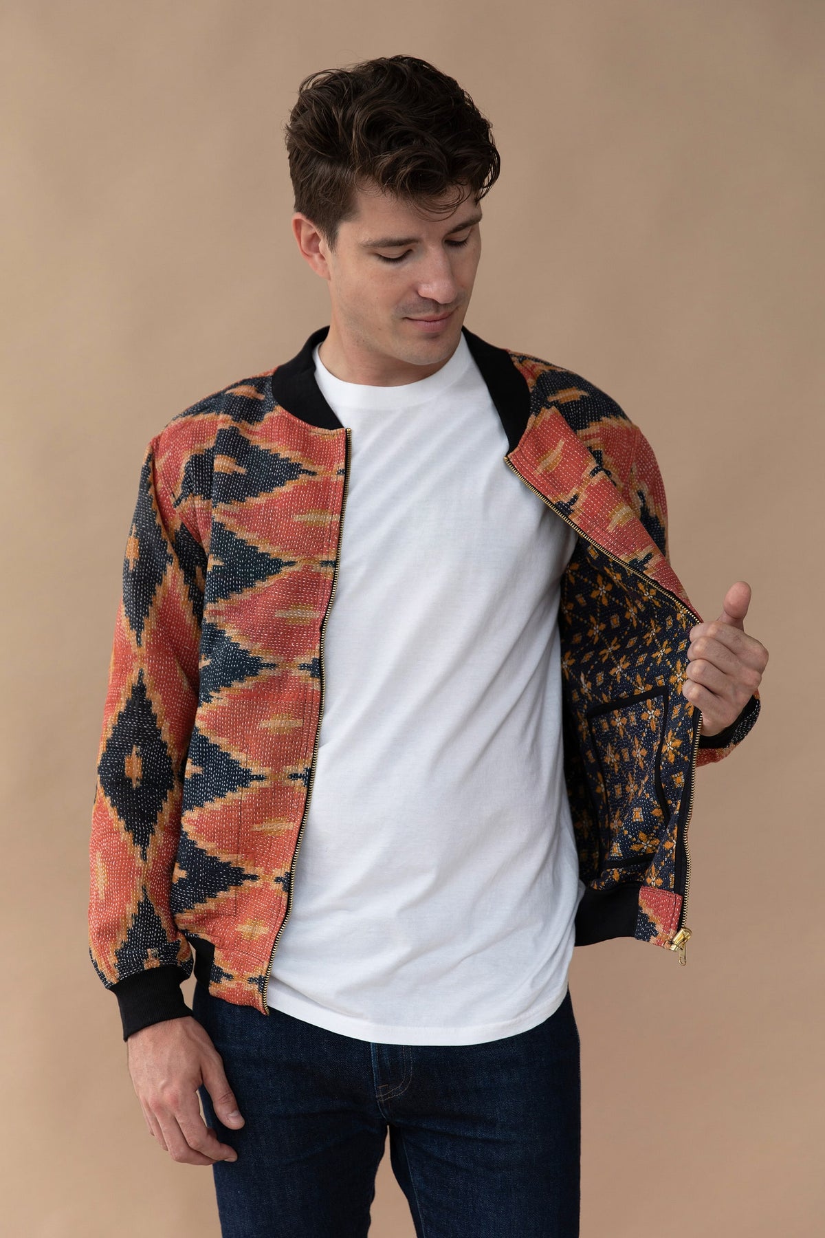 MEN'S Reversible Kantha Bomber - Azlan - L — reversible side, front