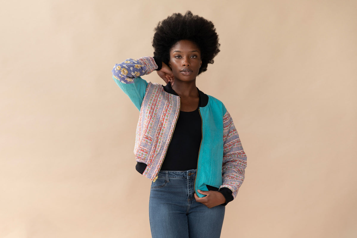 Nila Reversible Kantha Bomber - L — On model