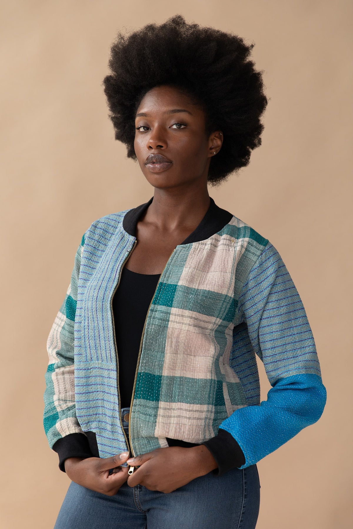 Priya Reversible Kantha Bomber - S — reversible side, back