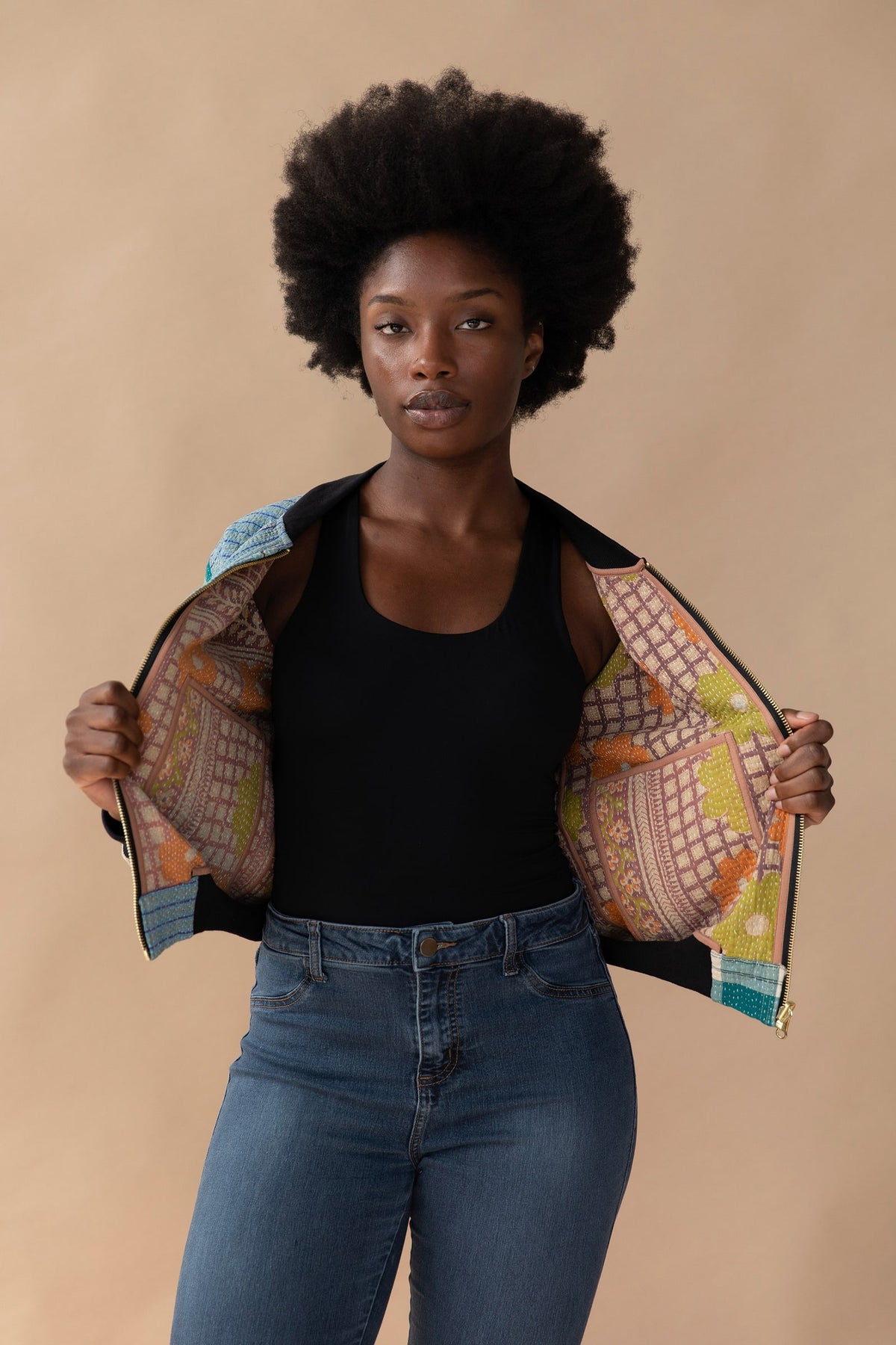 Priya Reversible Kantha Bomber - S — reversible side, front