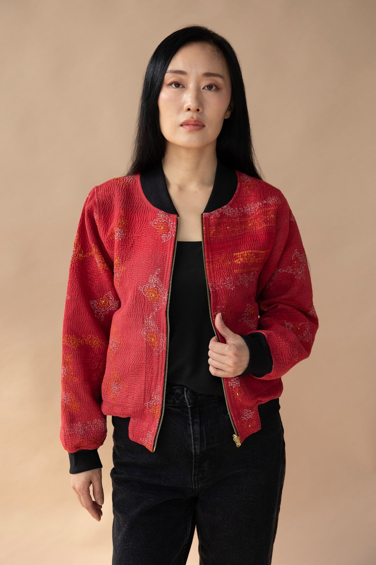 Sana Reversible Kantha Bomber - S — reversible side, front