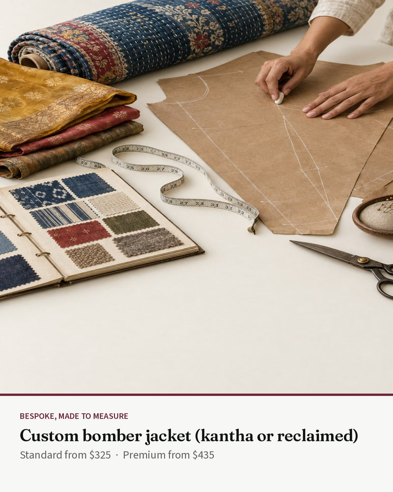 Custom bomber jacket (kantha or reclaimed) — Transcend service