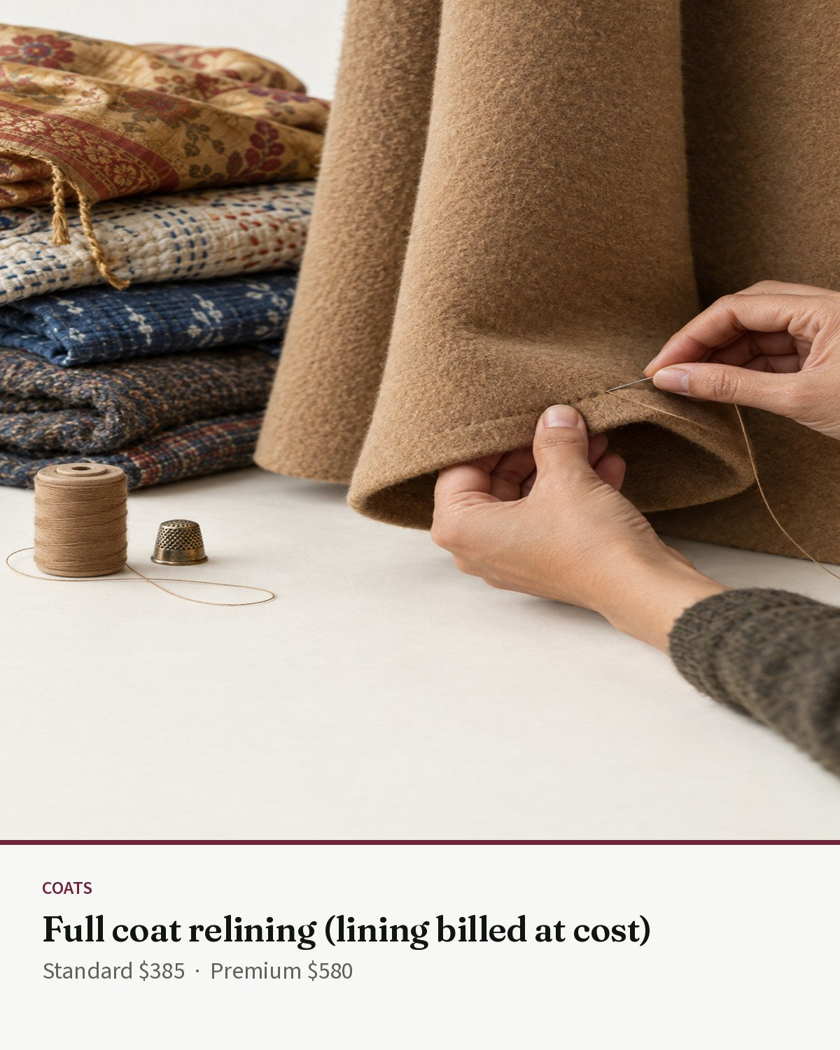 Coats — Full coat relining (lining billed at cost) — Transcend service