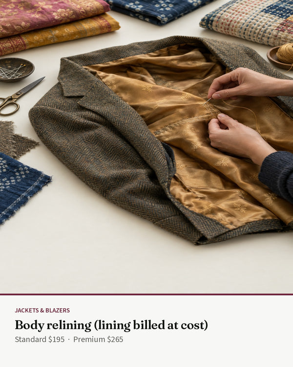 Jackets — Body relining (lining billed at cost) — Transcend service