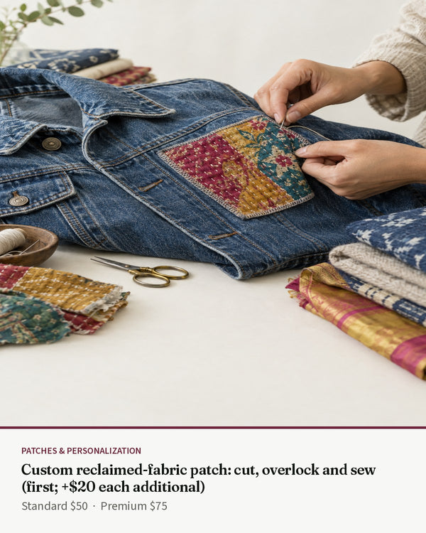 Custom reclaimed-fabric patch: cut, overlock and sew (first; +$20 each additional) — Transcend service