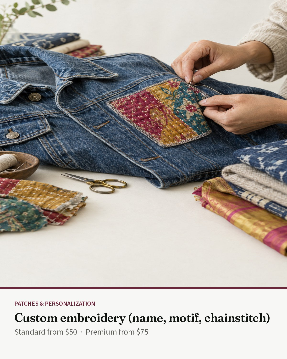 Custom embroidery (name, motif, chainstitch) — Transcend service