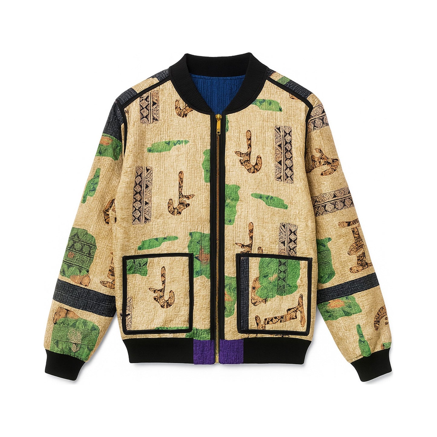 MEN'S Reversible Kantha Bomber - Siraj - M — reversible side front, flat product shot on white