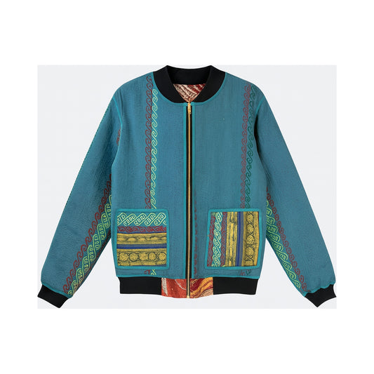 MEN'S Reversible Kantha Bomber - Sorrel - M — reversible side front, flat product shot on white