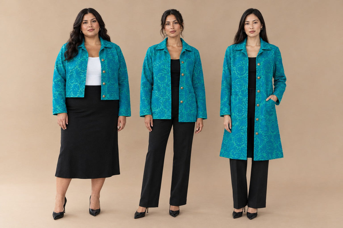 The three Suzani coat lengths side by side: Essential (cropped), Classic (hip), Signature (knee), shown in the teal Istanbul