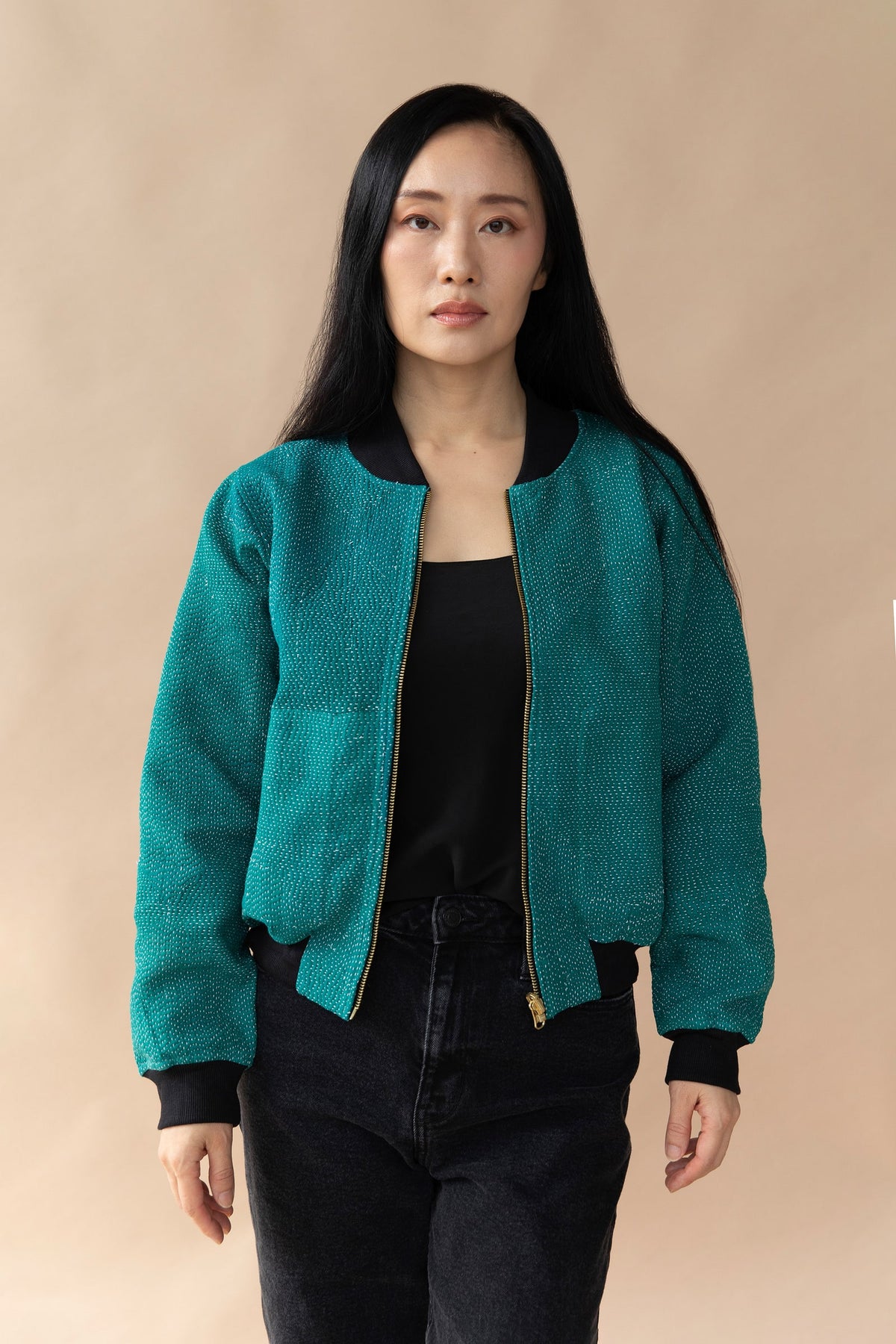 Tara Reversible Kantha Bomber - S — On model