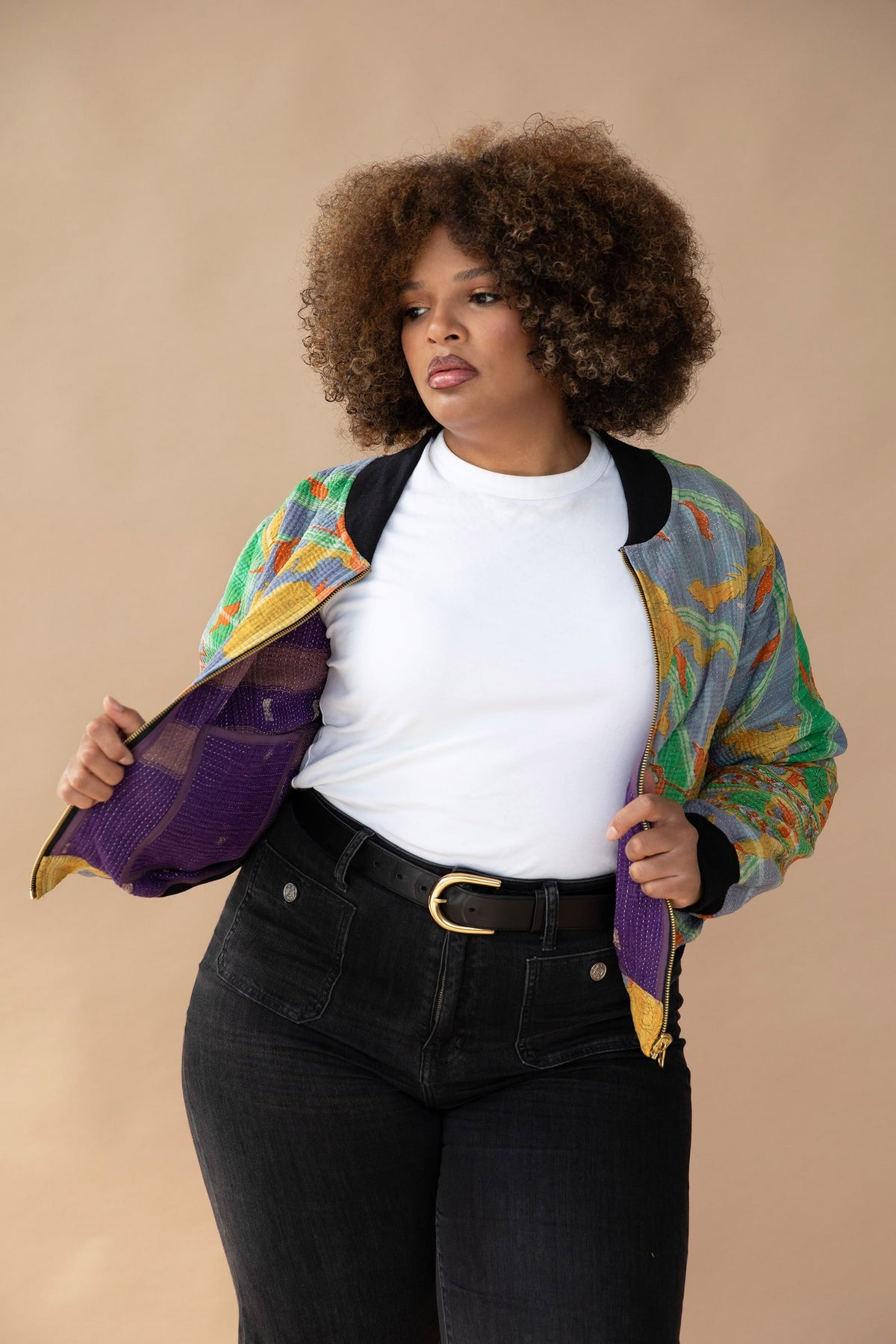 Uma Reversible Kantha Bomber - L — reversible side, front