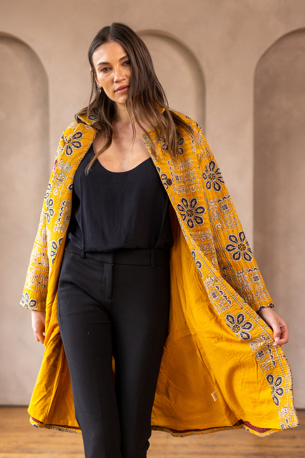 HIRA COAT - Upcycled Kantha Coat - Yellow - Large