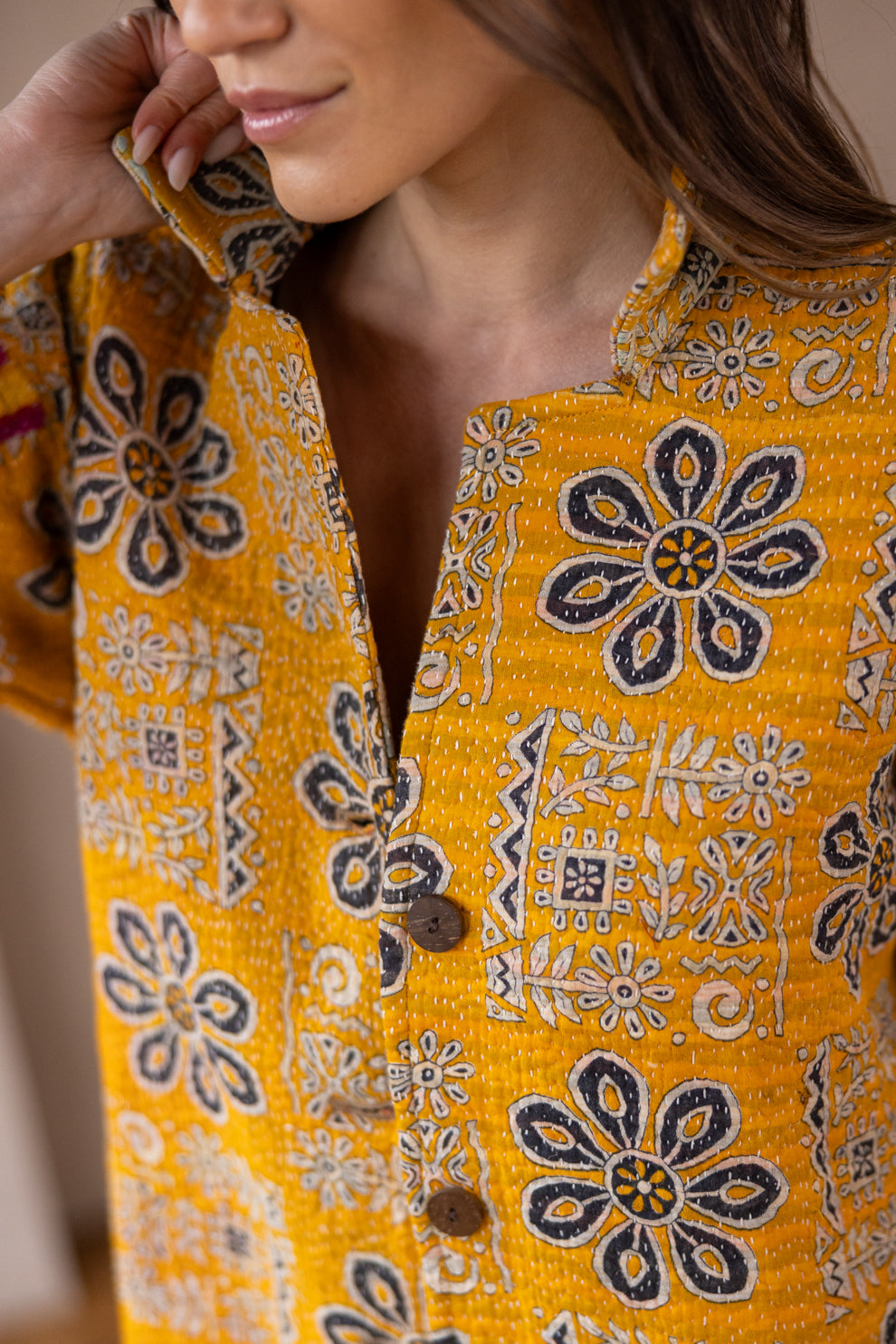 HIRA COAT - Upcycled Kantha Coat - Yellow - Large