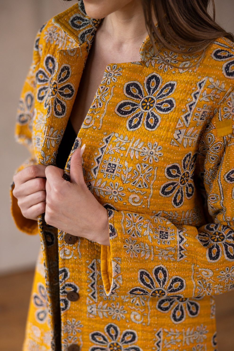 HIRA COAT - Upcycled Kantha Coat - Yellow - Large