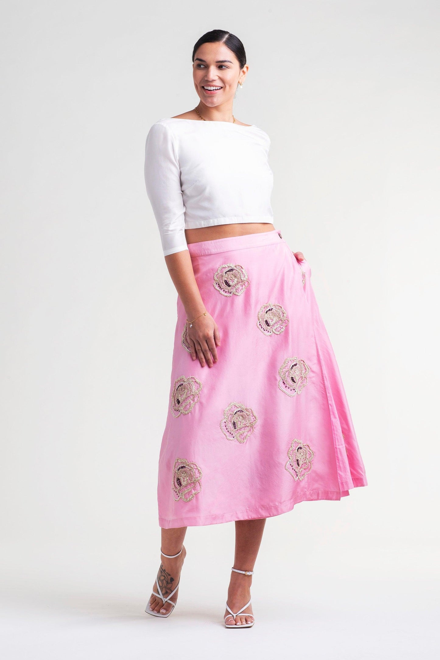 Amal Silk Wrap Skirt with Hand Embroidery, Adjustable Sizing - Transcend