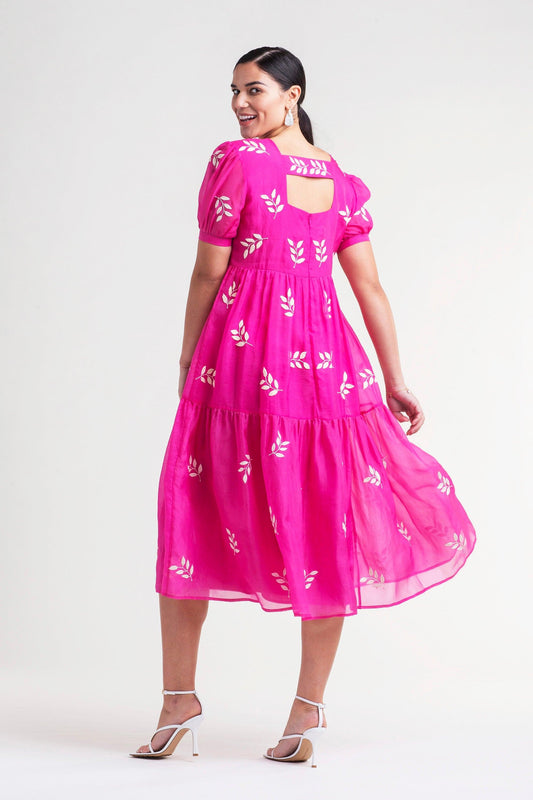 Sahar Barbie Dress - Hot Pink, Barbiecore, Tiered Silk Dress With Hand Embroidery - Transcend