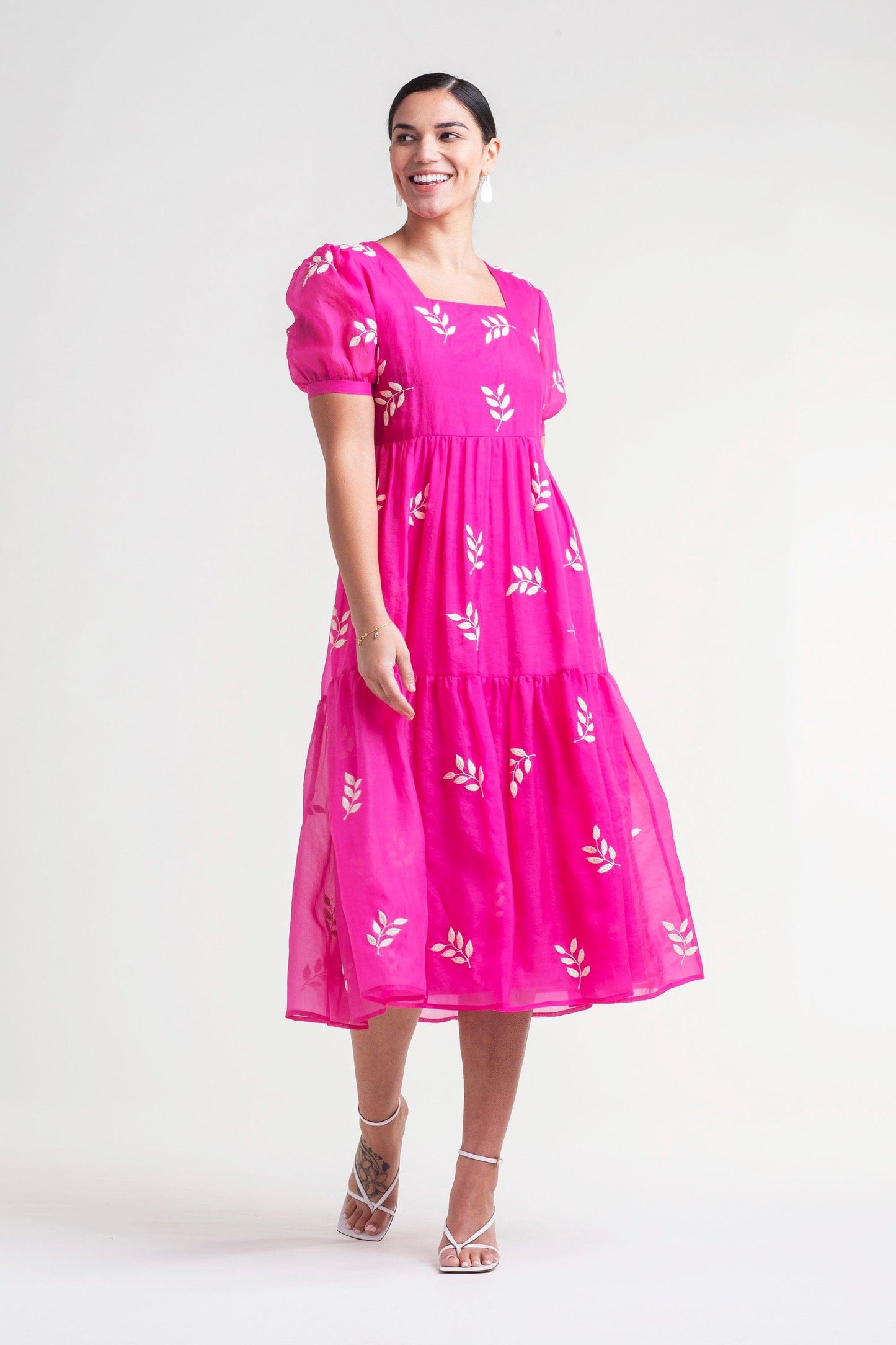 Sahar Barbie Dress - Hot Pink, Barbiecore, Tiered Silk Dress With Hand Embroidery - Transcend