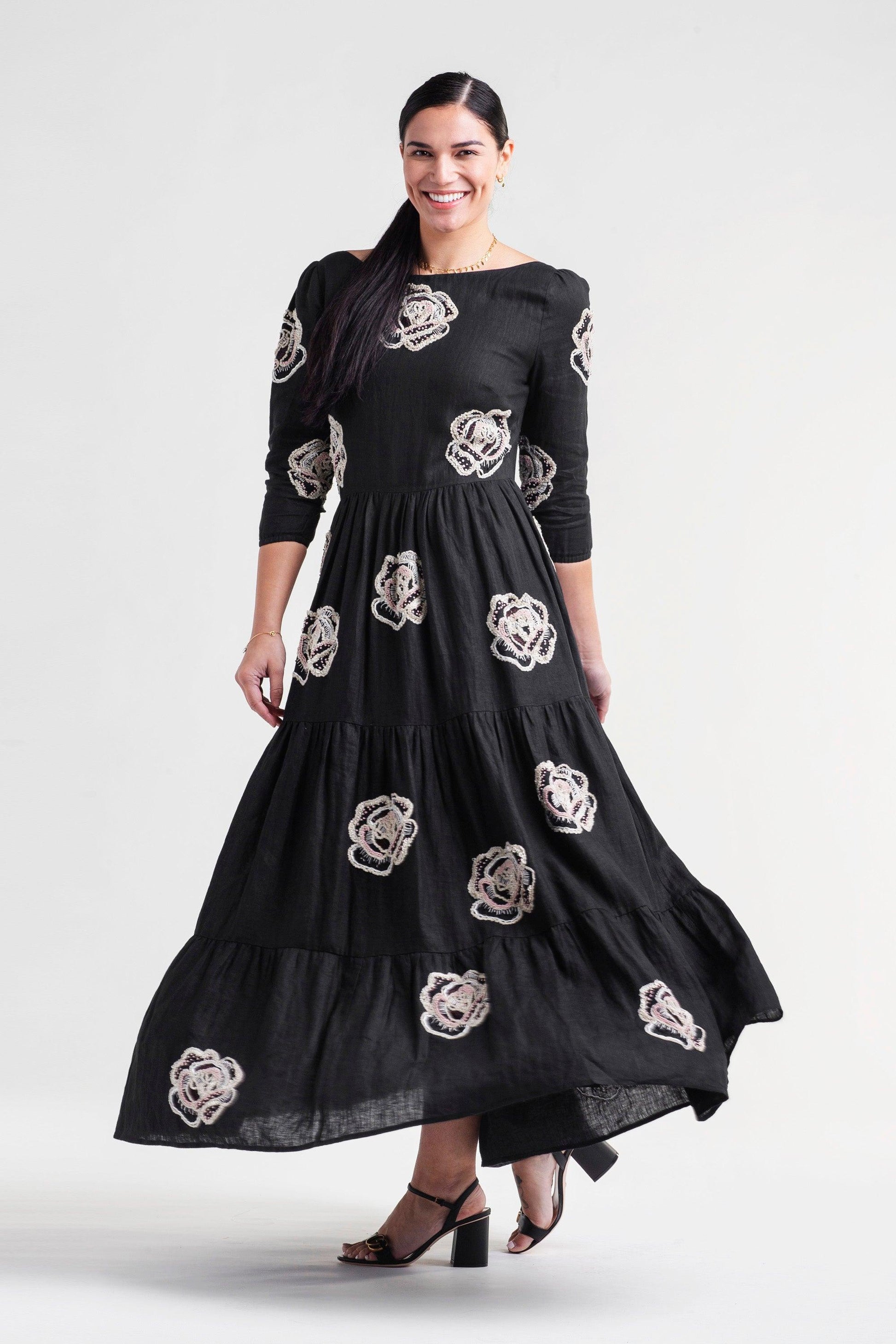 Tiered Maxi Dress with Rose Embroidery - Transcend