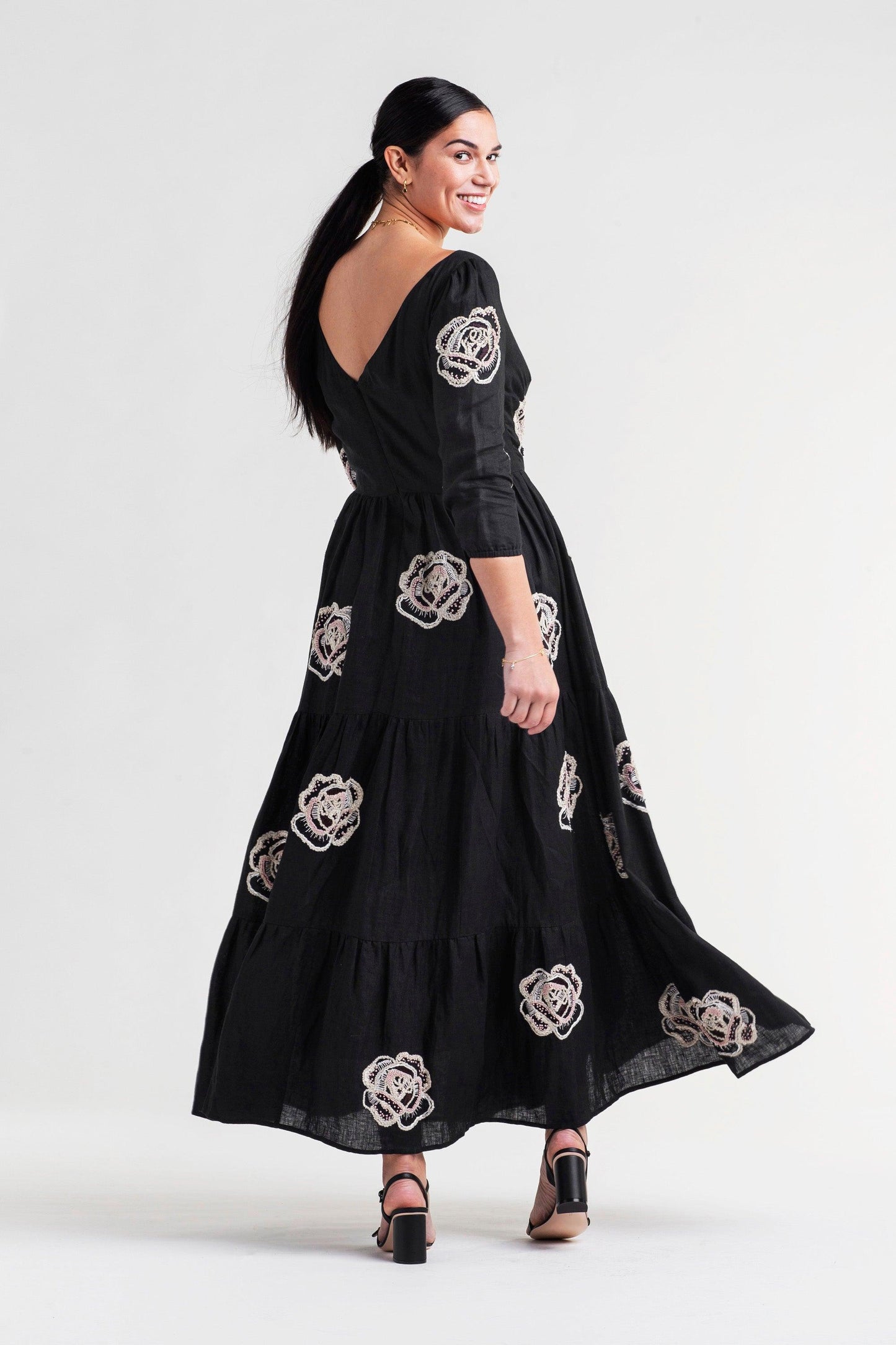 Tiered Maxi Dress with Rose Embroidery - Transcend